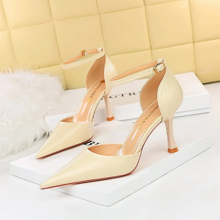Summer Women 8cm High Heels Nude Glossy Leather Sandals Gladiator Nightclub Sandles Lady Mid Heels Ankle Strap Party Prom Shoes
