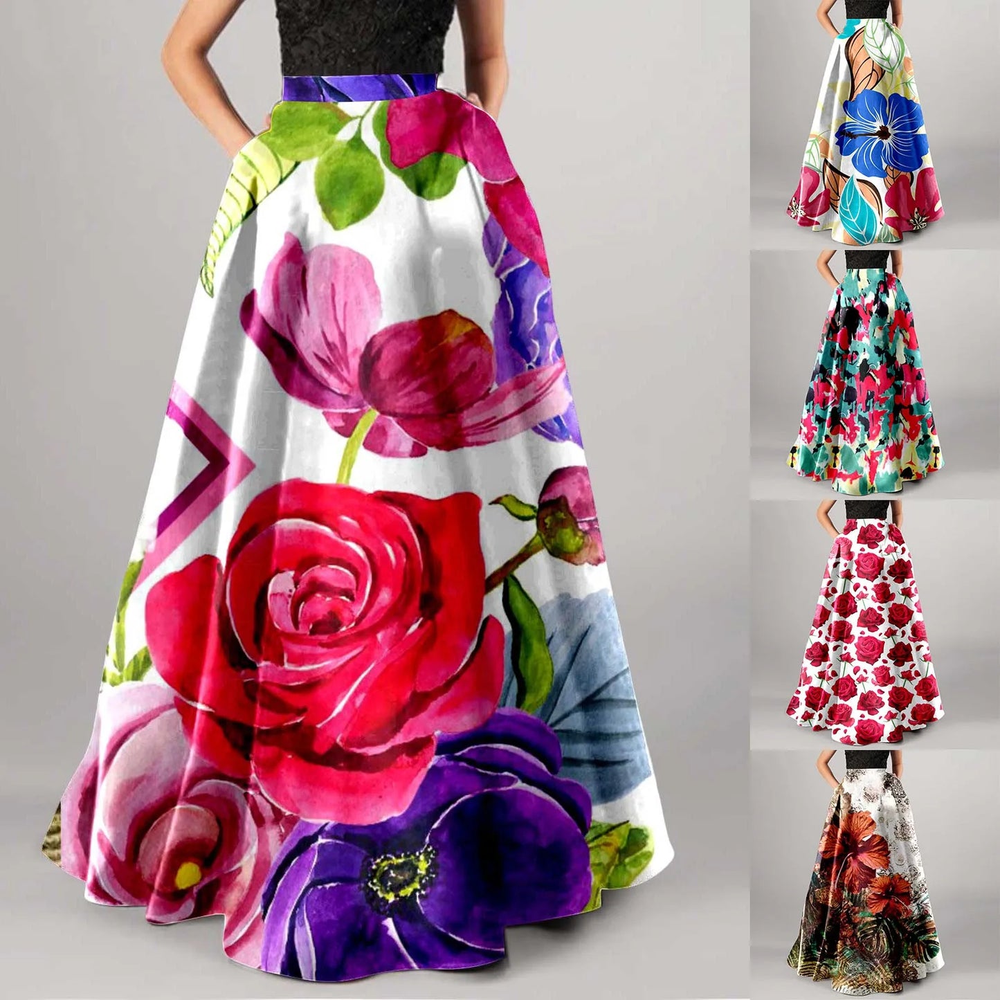 Bohemian Long Skirts For Women Swing Beach Maxi Skirt Boho Floral Print Skirts With Pockets High Waisted A Line Flowy Skirt 롱스커트