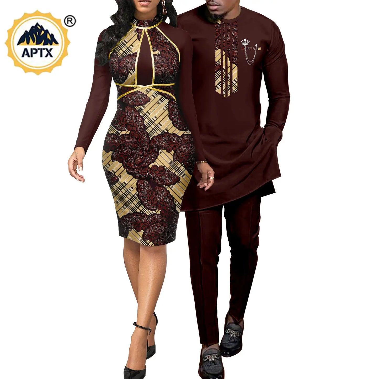 African Abaya Hip Dresses for Women Matching Couple Outfits with Bazin Riche Men's Top and Pant Set Dashiki Print