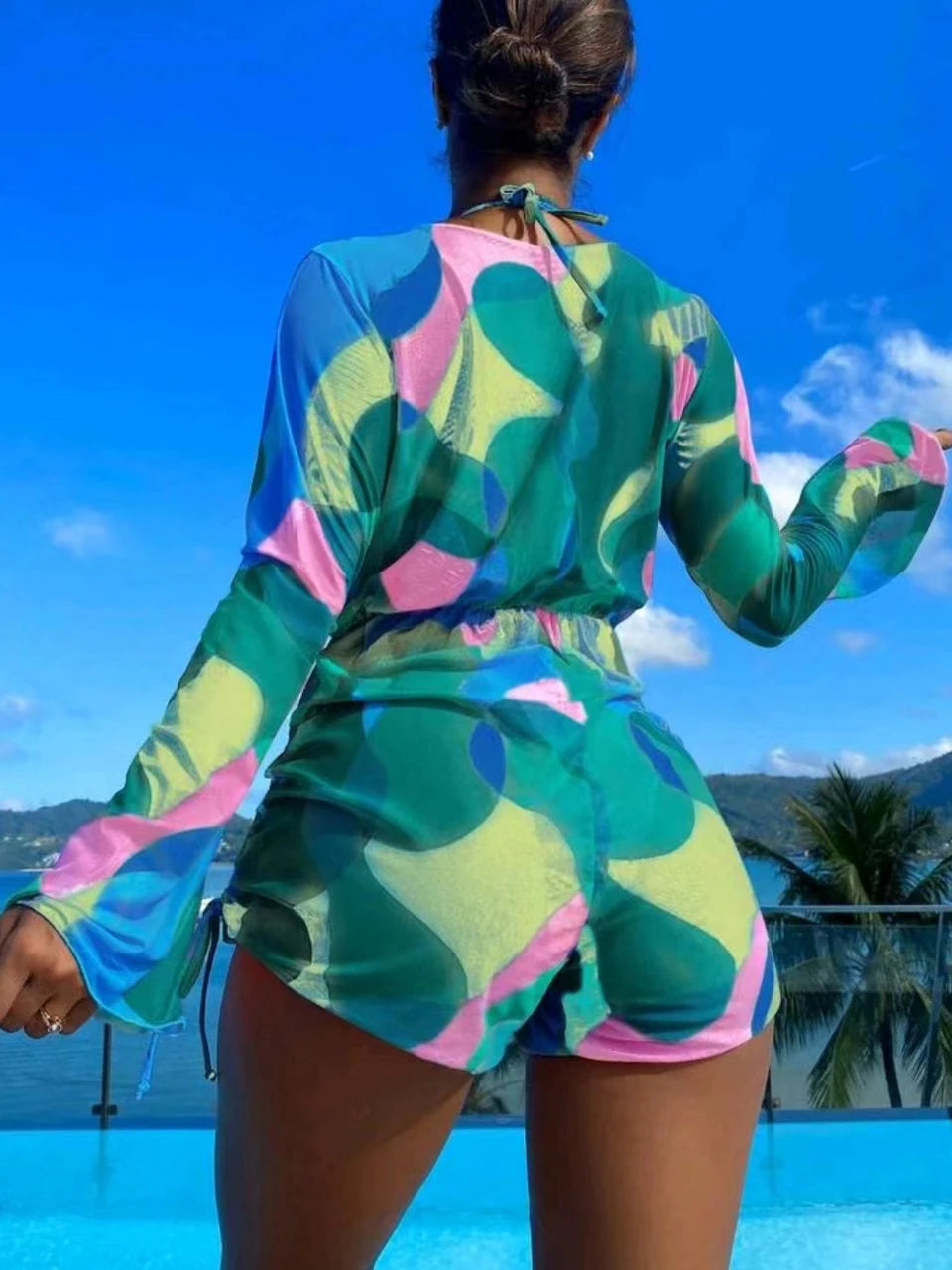 3 pieces Halter Bikini Tropical Print Swimsuit Drawstring Side Swimwear Women Long Sleeve Bathing Suit Female Swimming Beachwear