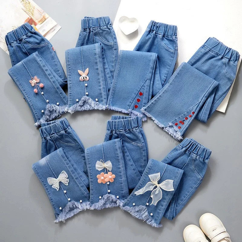 Autumn Girls Jeans Fashionable Bow-Design Denim Flared Pants Elastic Waist Solid Color Trousers for Teenage Kids