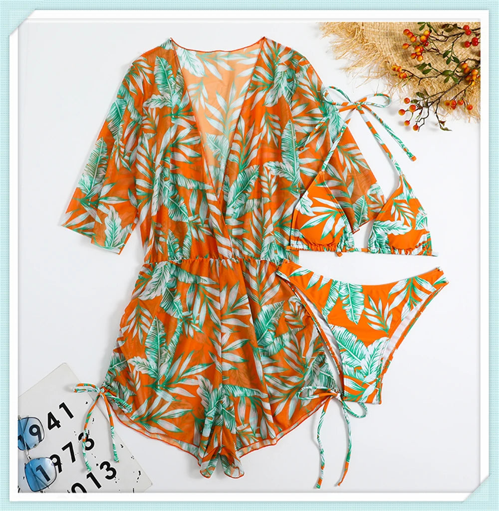 3 pieces Halter Bikini Tropical Print Swimsuit Drawstring Side Swimwear Women Long Sleeve Bathing Suit Female Swimming Beachwear