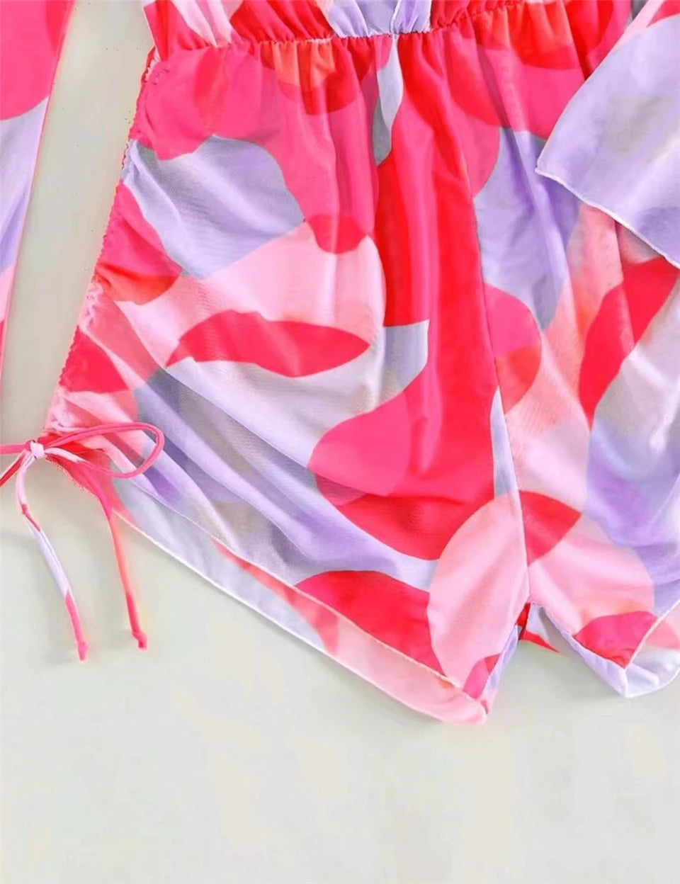 3 pieces Halter Bikini Tropical Print Swimsuit Drawstring Side Swimwear Women Long Sleeve Bathing Suit Female Swimming Beachwear