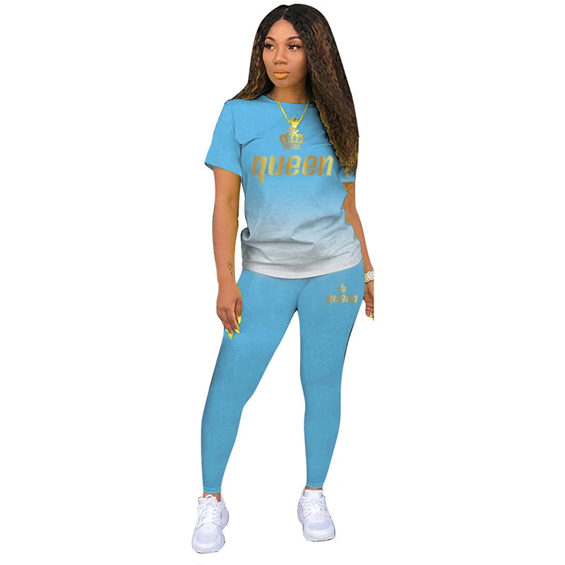 Two Piece Outfits For Yoga Fitness Athletic Sets Printed Gradient T Shirt Leggings Women's Short Sleeve Sportwear S-5XL