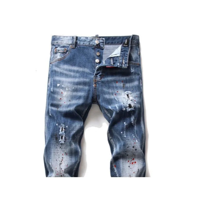 Men's Slim Fit Tattered Paint Jeans Retro Style Stretch Denim Pants with Hole Badge for High Street Fashion