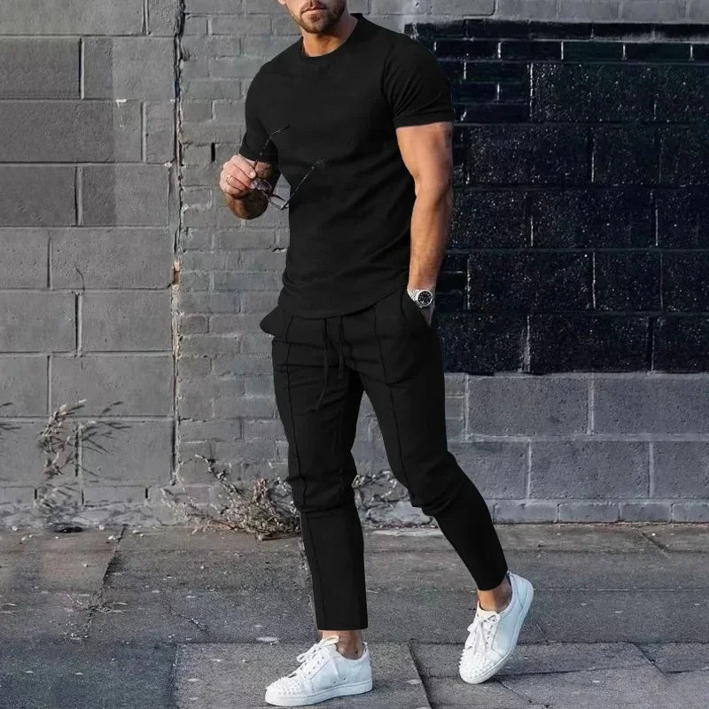 Sports Set Mens Fall/Summer Solid Casual Round Neck Short Sleeve Sports T-shirt Two Piece Set for Men