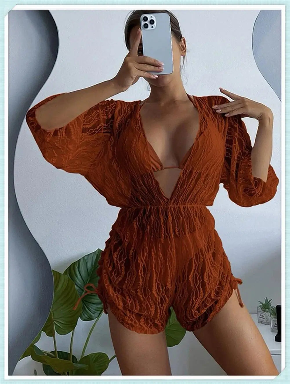 3 pieces Halter Bikini Tropical Print Swimsuit Drawstring Side Swimwear Women Long Sleeve Bathing Suit Female Swimming Beachwear
