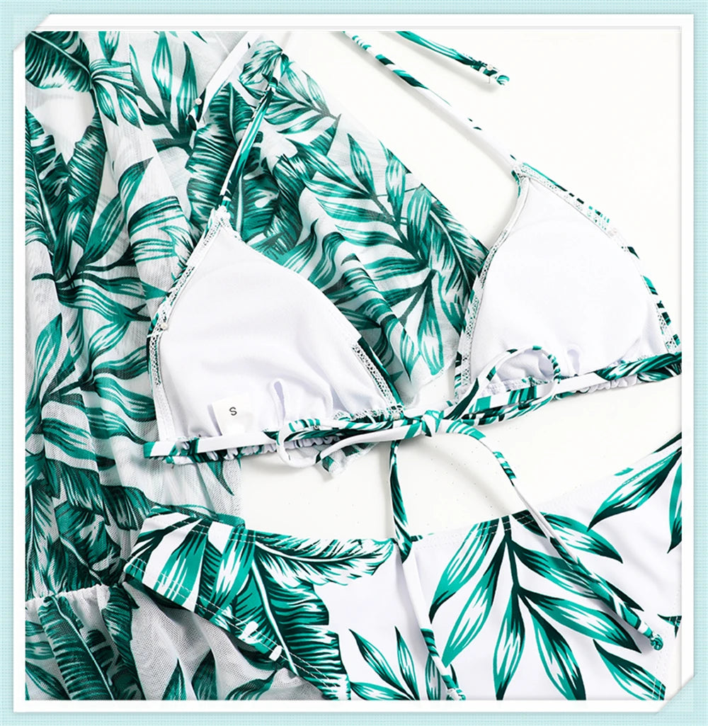 3 pieces Halter Bikini Tropical Print Swimsuit Drawstring Side Swimwear Women Long Sleeve Bathing Suit Female Swimming Beachwear