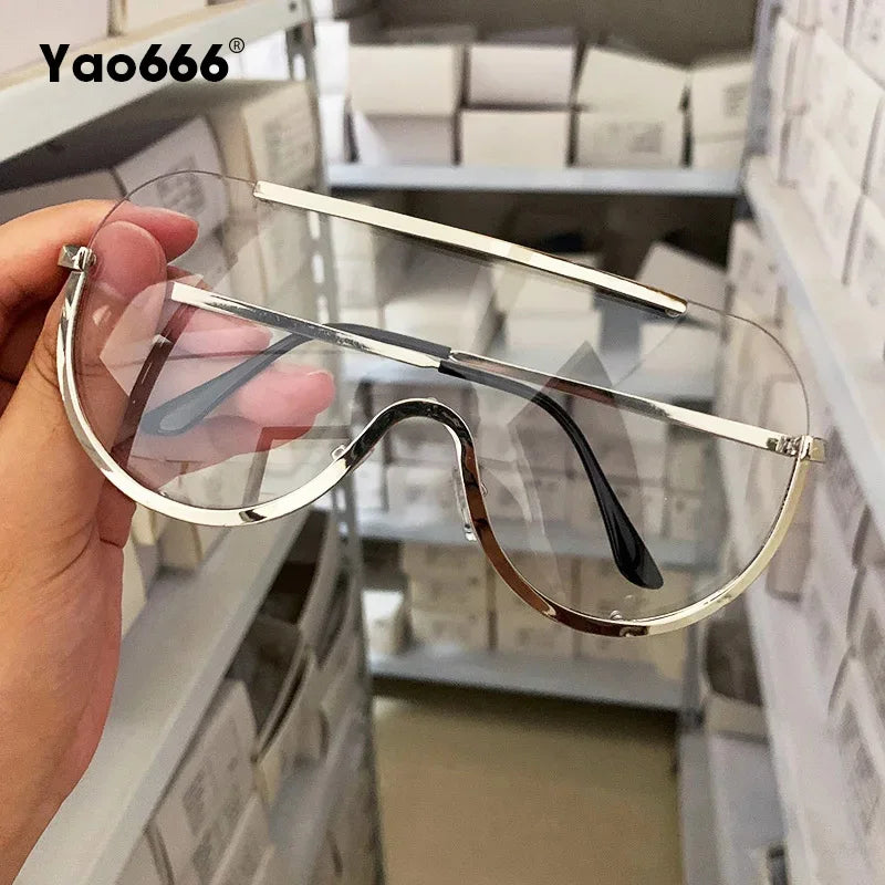 Oversized Punk Sunglasses for Women Metal Semi-Rimless Big Shades with Shield Lens Gradient Photochromic UV400 Fashion Eyewear