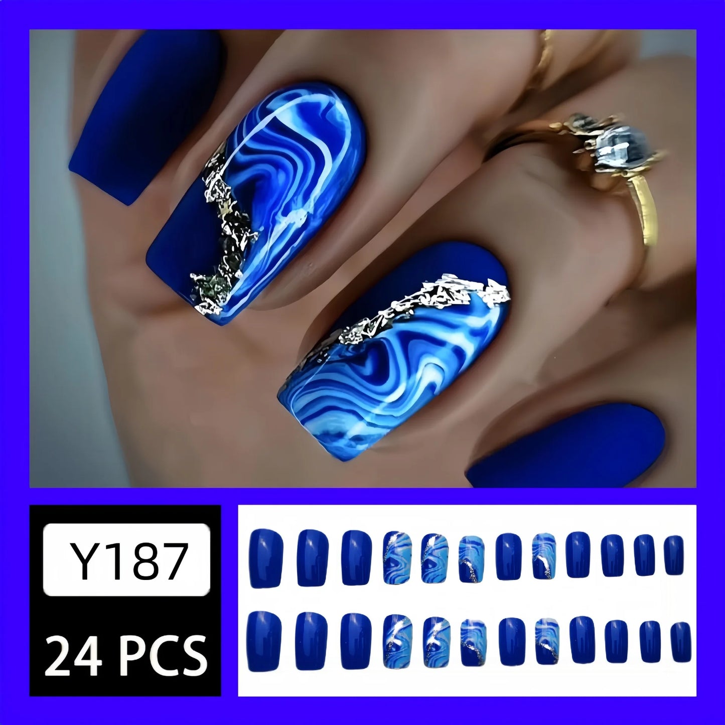 24pcs Long Square Press on Nails Blue False Nails Wearable Stick-on Nails Fake Nail Uñas Postizas Накладные Ногти Faux Ongles