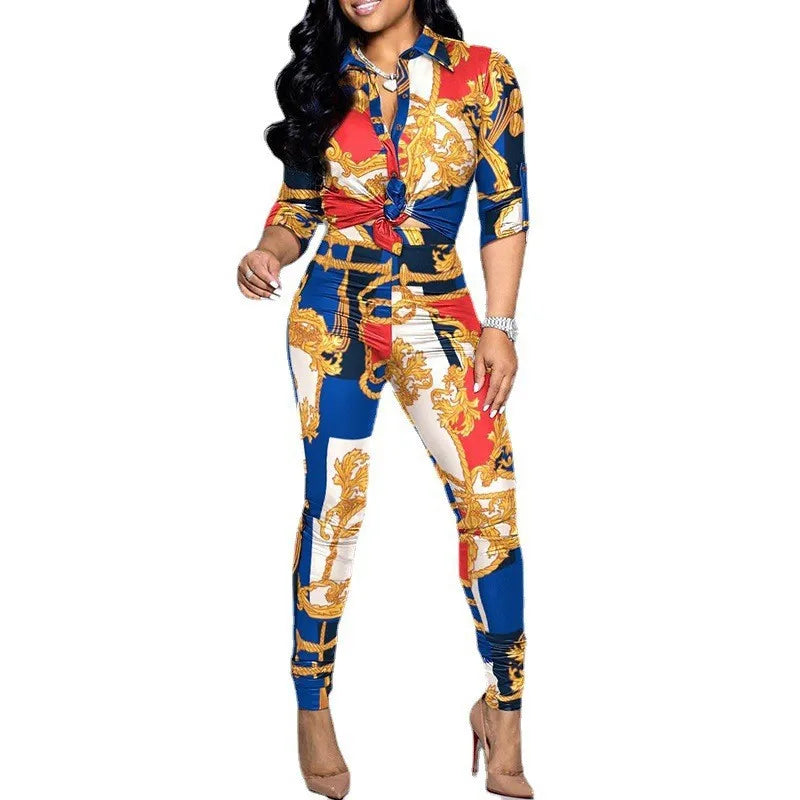 Women Fashion Print Suit Long Sleeve Turn-down Collar Shirt Mid Waist Pants New Casual Office Two Piece Set Women's Clothes