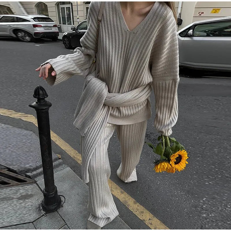 Oversize Knitted Women's Set V-Neck Full Sleeve Scarf Pullover Long Trousers Casual Loose Lady Suit for Autumn