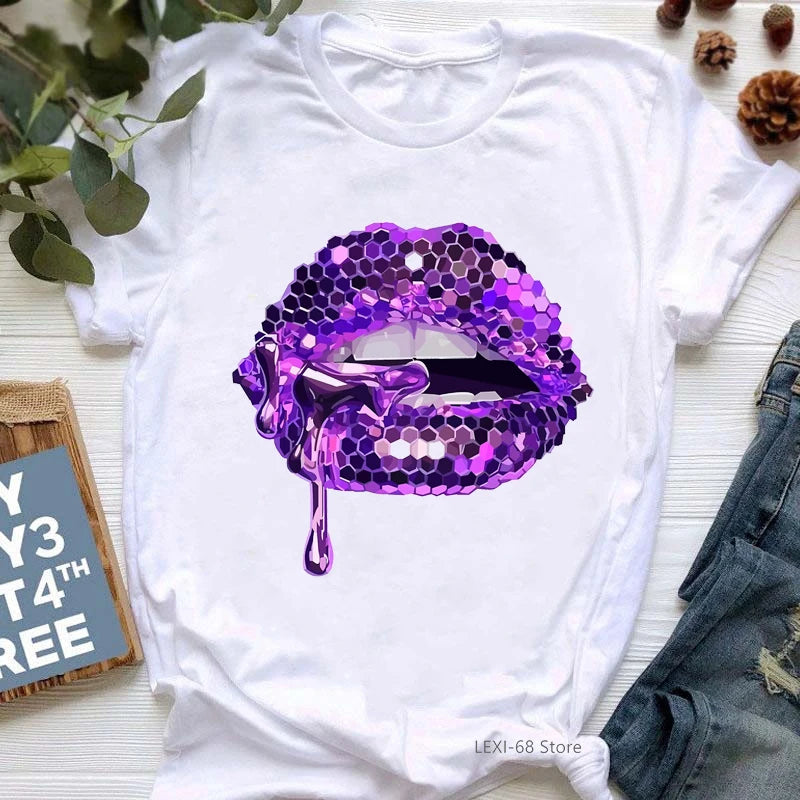 Pink Glitter Lips Graphic Print Tshirt Women'S Clothing Luxurious Makeup T Shirt Haut Femme Aesthetic Clothes T-Shirt