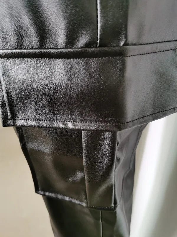 Autumn Winter Fashion Women's Trousers Faux Leather High Waisted Joggers with Zipper Multi Pocket Straight-Leg Cargo Pants