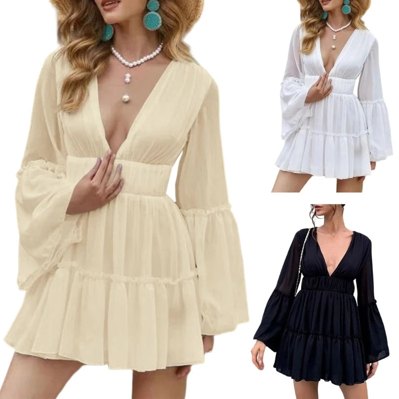 Summer Sun-dress Women Solid Color Seaside Dress Deep V-neck Long Sleeve Loose Sexy Sexy Style Polyester Maxi Dress