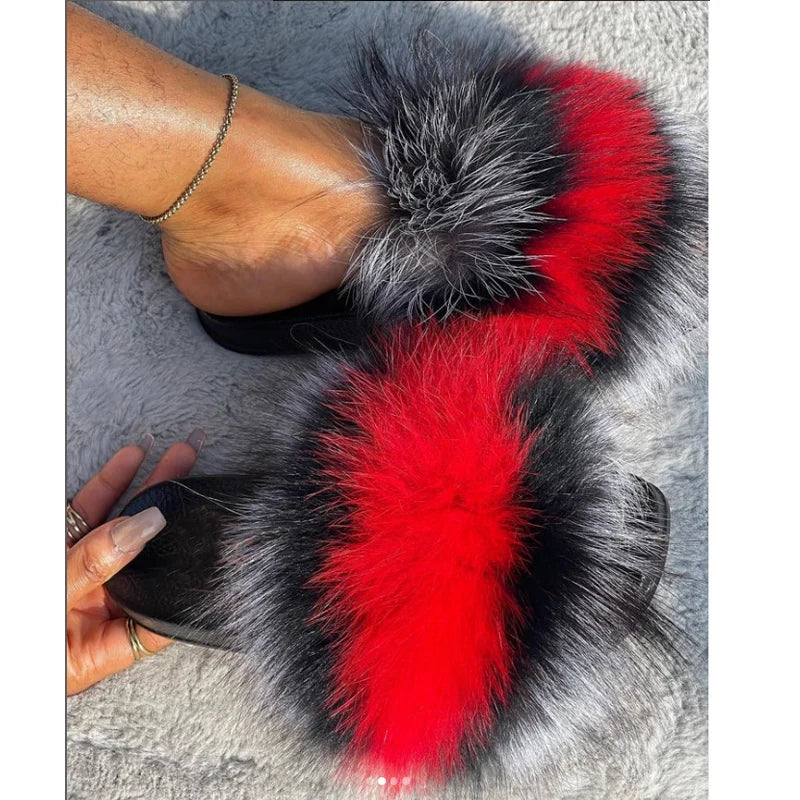 Rainbow Fur Slides Women's Furry Plush Raccoon Fox Fur Slippers Indoor Flat Non-Slip Summer Beach Flip Flops Large Size Sandals