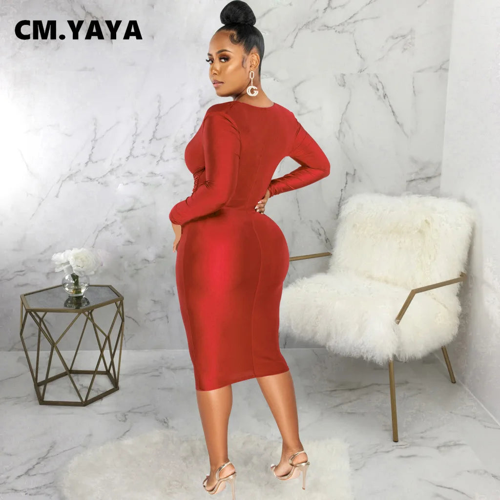 CM.YAYA Women V-neck Elegant Long Sleeve Midi Dress 2024 Winter Ruched OL Streetwear Africa Party Club Dresses Vestidos
