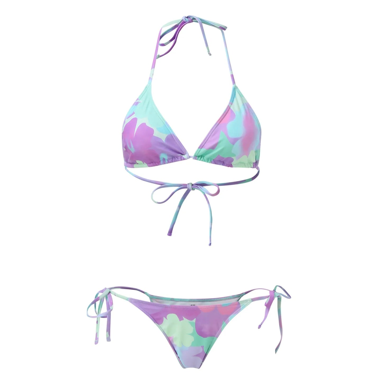 Women's Purple Split Swimsuit Neck Tie up Bikini Set with Skirt And Shorts Bottoms Junior Size Polyester Beachwear