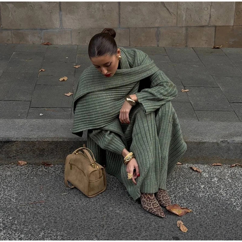 Oversize Knitted Women's Set V-Neck Full Sleeve Scarf Pullover Long Trousers Casual Loose Lady Suit for Autumn