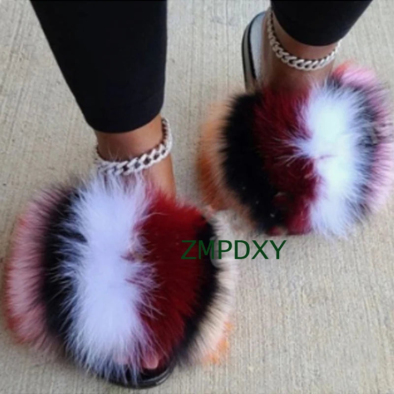 Rainbow Fur Slides Women's Furry Plush Raccoon Fox Fur Slippers Indoor Flat Non-Slip Summer Beach Flip Flops Large Size Sandals