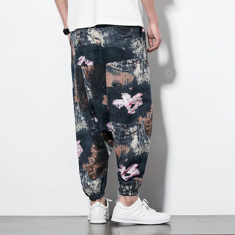 Cotton Linen Harem Pants Men Elastic Waist Streetwear Floral Joggers 2023 New Baggy Drop-crotch Pants Casual Trousers Men