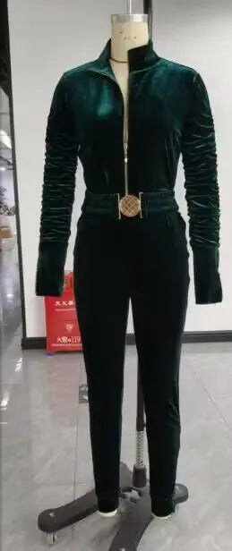 Mandylandy Sexy Velvet Bodycon Jumpsuit for Women with Zipper Design Ruched Long Sleeve and Elastic Waistbelt