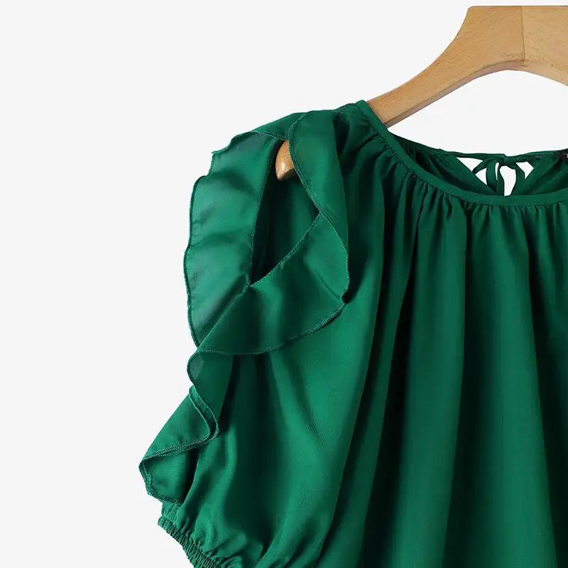 ZANZEA Women's Cold Shoulder Ruffled Blouse Half Sleeve Casual Loose Top with Back Straps Pleated Summer Tunic Fashion O-Neck