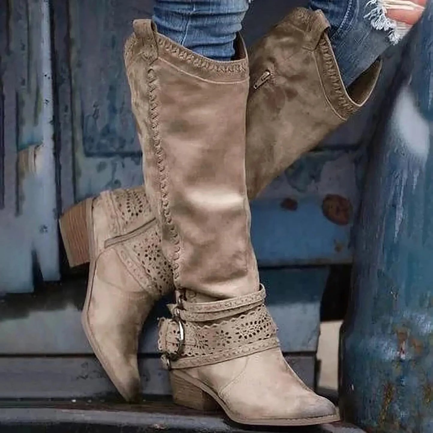 New Western Cowboy Boots Buckle Ladies Low Heel Knee High Boots Retro Hollow Out Shoes Winter Female Shoes