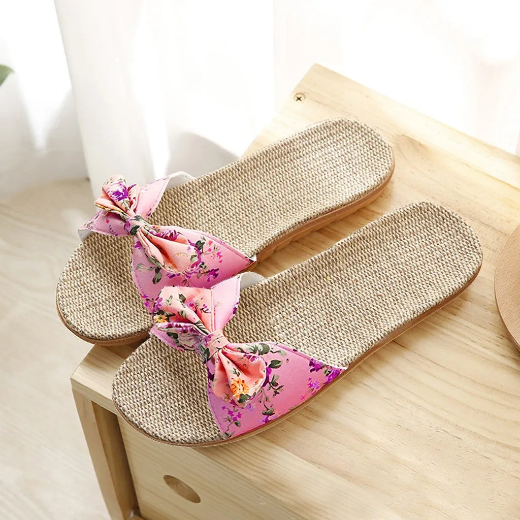 Women Summer Casual Slides Comfortable Flax Slippers Floral Bow Linen Flip Flops Platform Sandals Ladies Indoor Shoes
