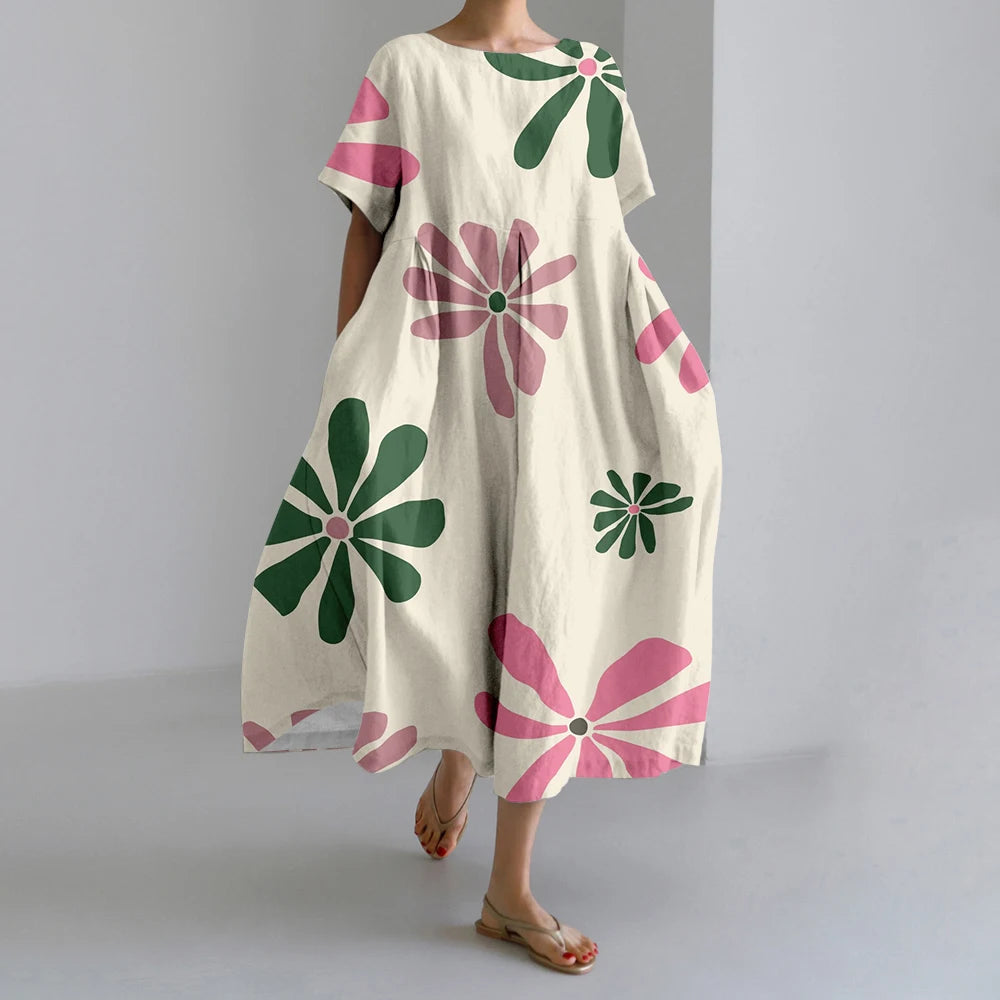 New Summer Womens Dresses Exquisite Elegant Round Neck Short Sleeve Long Pink Spotted Irregular Printed Comfortable Midi Dresses
