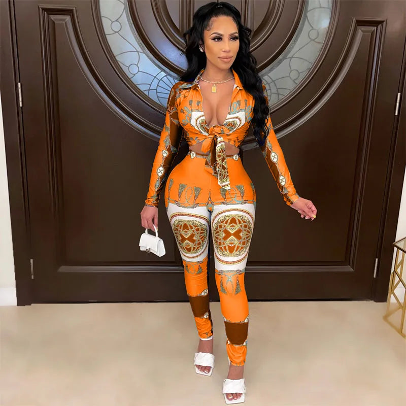 Sexy Print Two Pieces Pants Set Women Long Sleeve Navel Tie Cropped Button Shirt and Skinny Pants Matching Clubwear Outfits