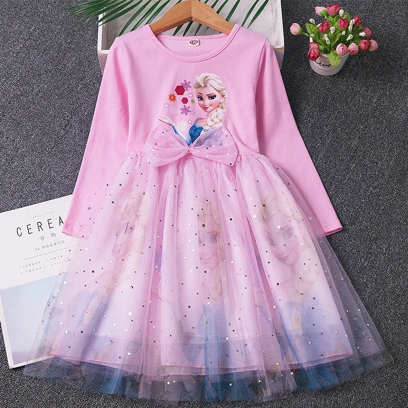 New Spring Autumn Dress Long-sleeved For Children's Clothes Elsa Frozen Party Dress 2-8Y Elsa Princess Dress Baby Girls Dress