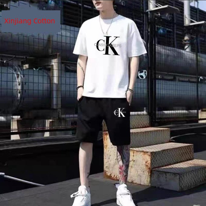 Summer New Arrival CK Men Casual Sports Suit Pure Cotton Short-Sleeved T-shirt Men's Breathable plus Size Shorts Shorts