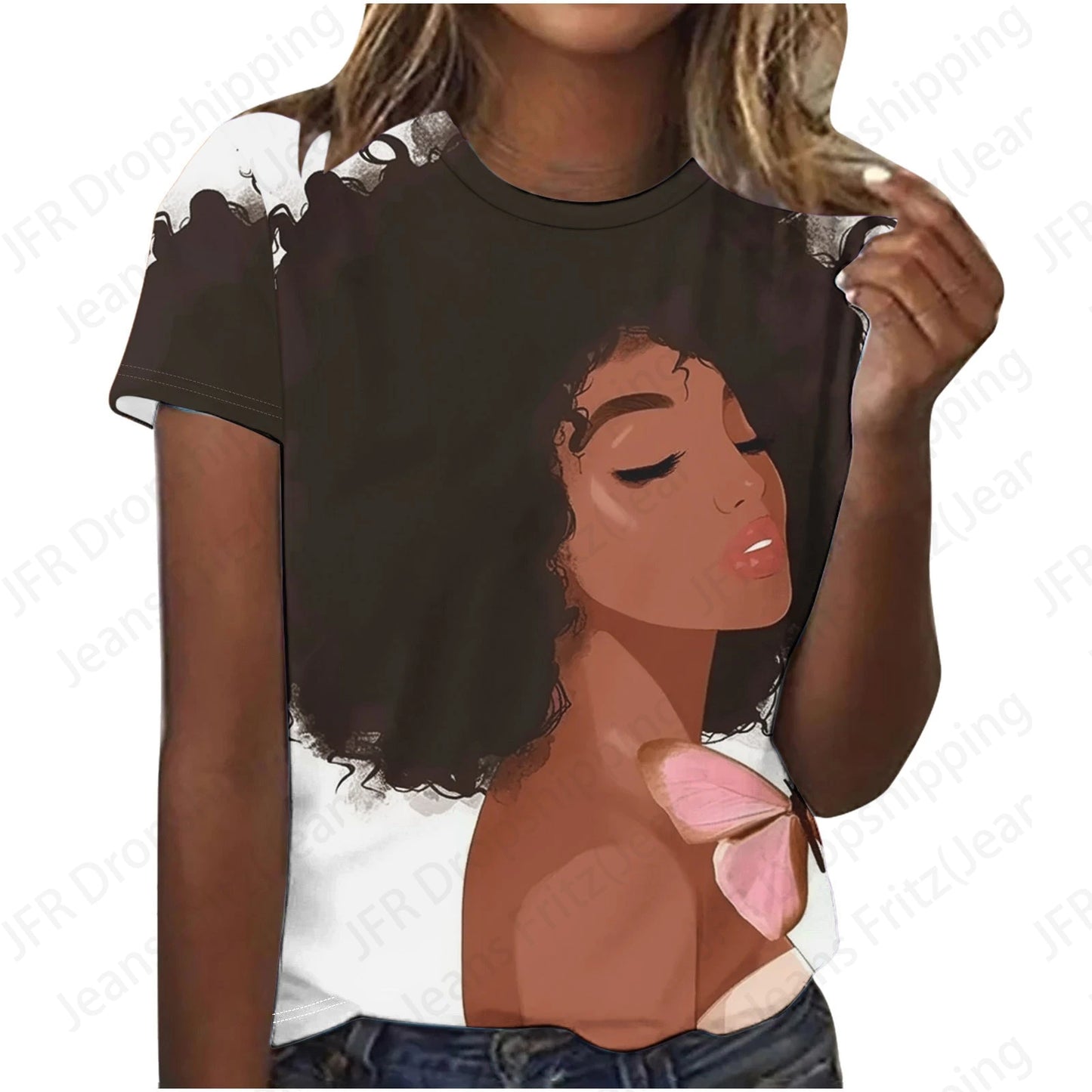 Sexy 3D Print Africa Women T-Shirt Black Large Size Short Sleeve Fashion Top for Females Eye Catching Graphic Design