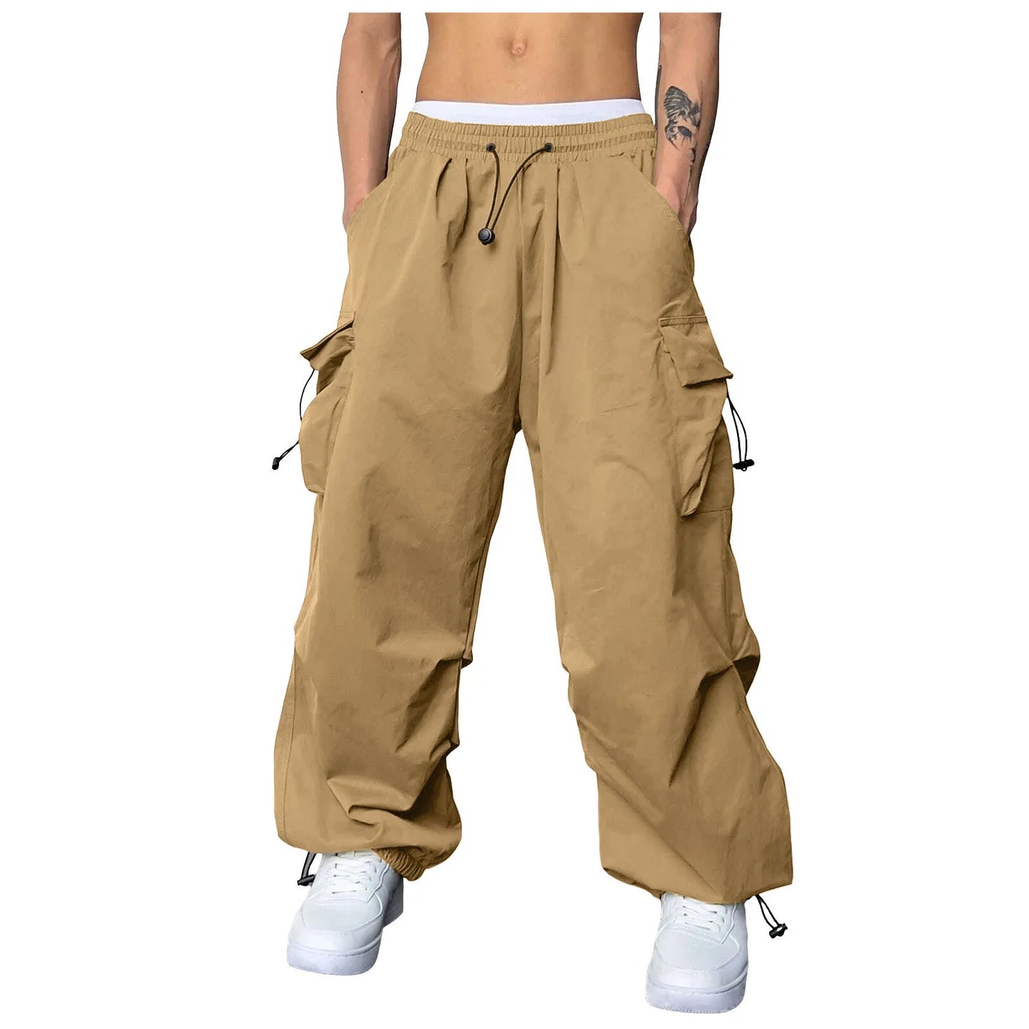 Oversized Men's Casual Pants Woven Pocket Foot Rope Solid Color Street Cargo Pants