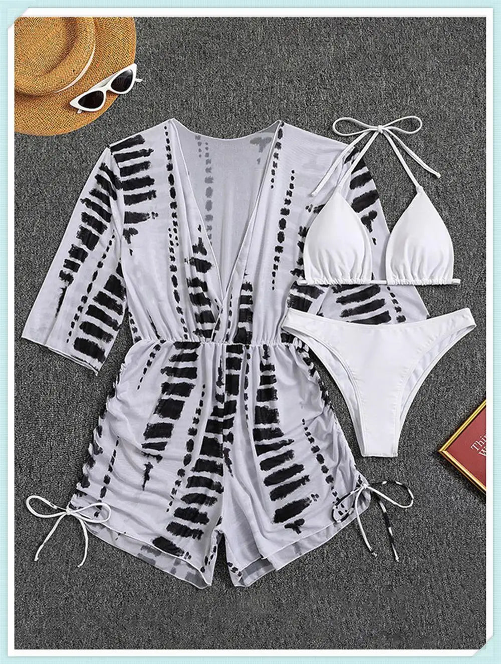3 pieces Halter Bikini Tropical Print Swimsuit Drawstring Side Swimwear Women Long Sleeve Bathing Suit Female Swimming Beachwear