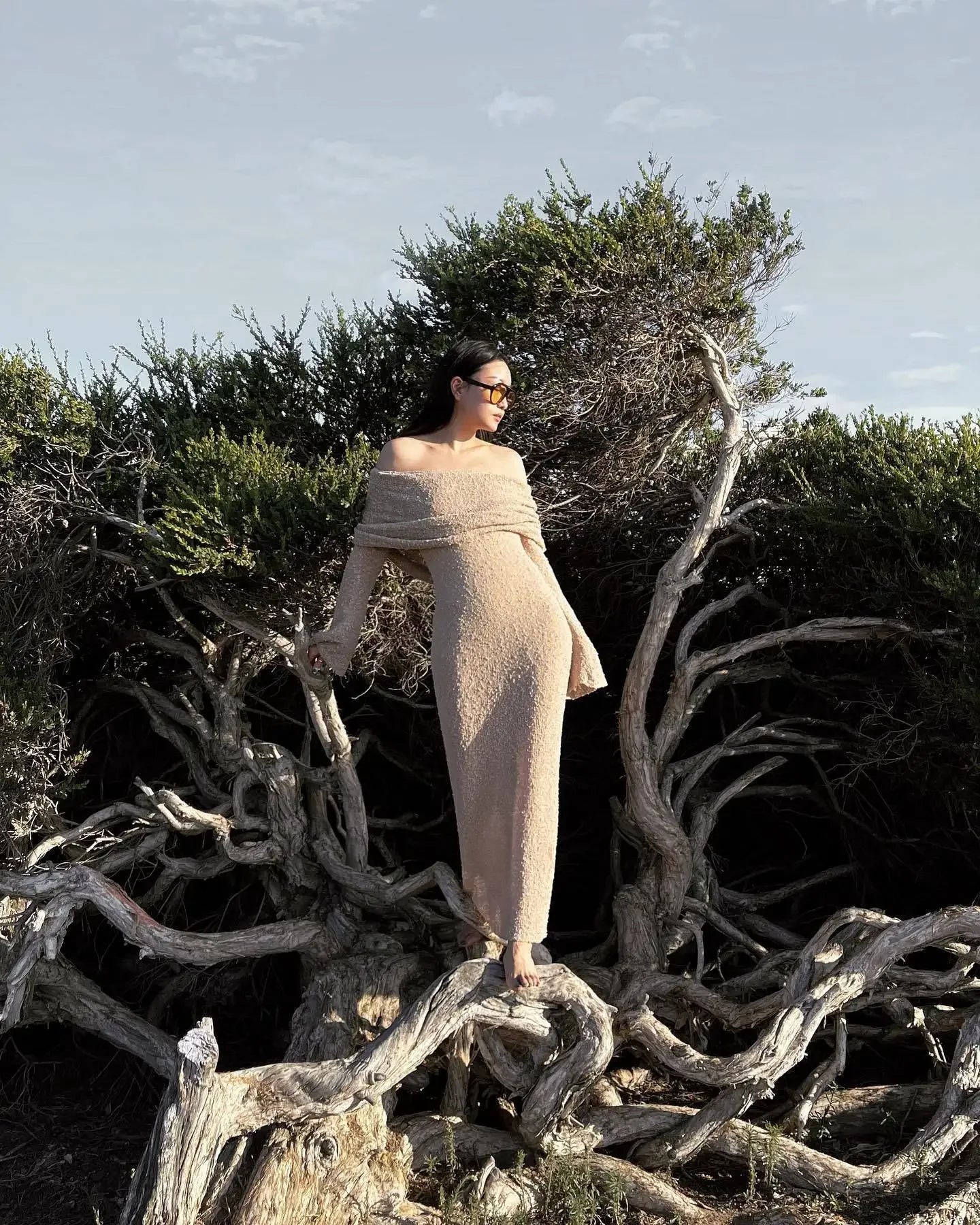 Knit Hollow Out Off-Shoulder Maxi Dress Female Cover up Loose Long Sleeve Holiday Beach Party Dress Women Knitwear Dress