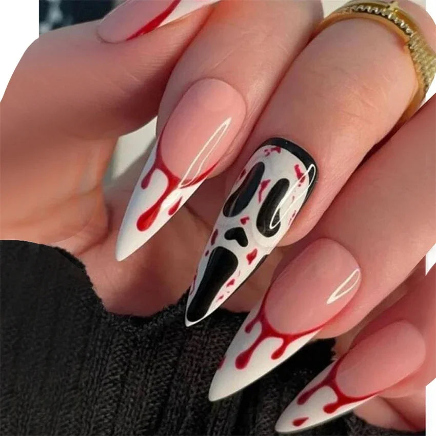 24Pcs/Set Press on Nails Gradient Point Drill Ballet Wearing False Nails Long French Stick on Nail Artificial Acrylic Fake Nails