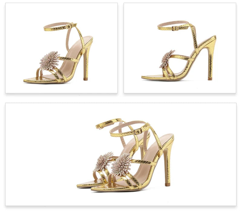 Sexy Snake Print Leather Ankle Strap Sandals for Women Summer Fashion Crystal Flower Pointed Toe High Heels Perfect for Parties