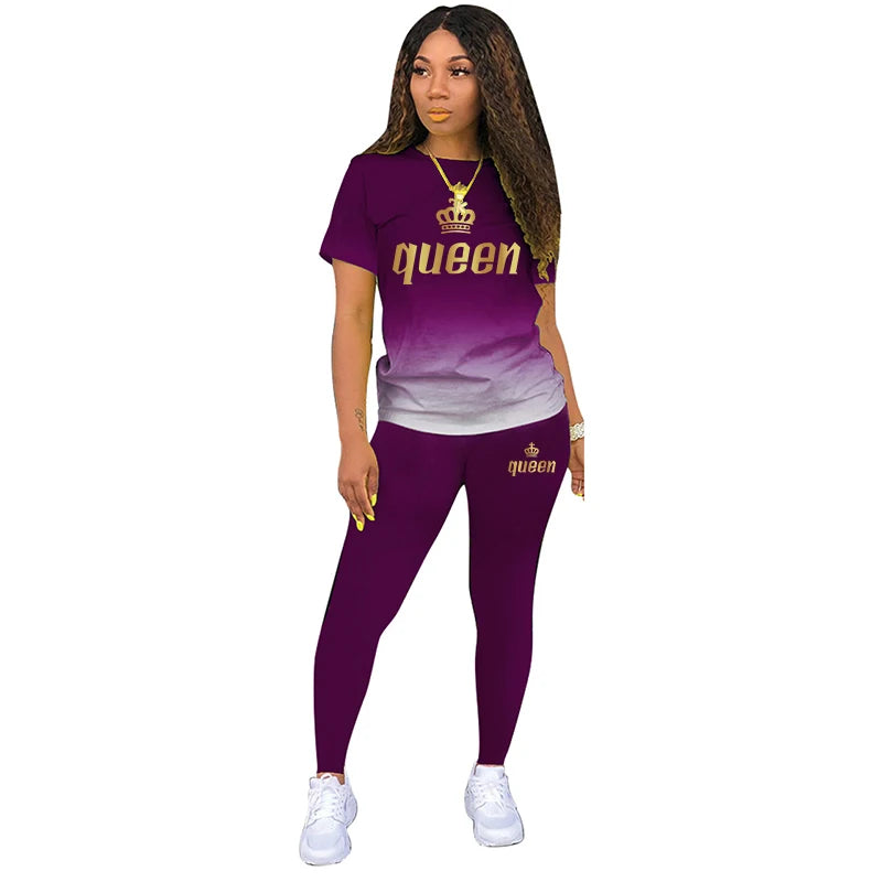 Two Piece Outfits For Yoga Fitness Athletic Sets Printed Gradient T Shirt Leggings Women's Short Sleeve Sportwear S-5XL