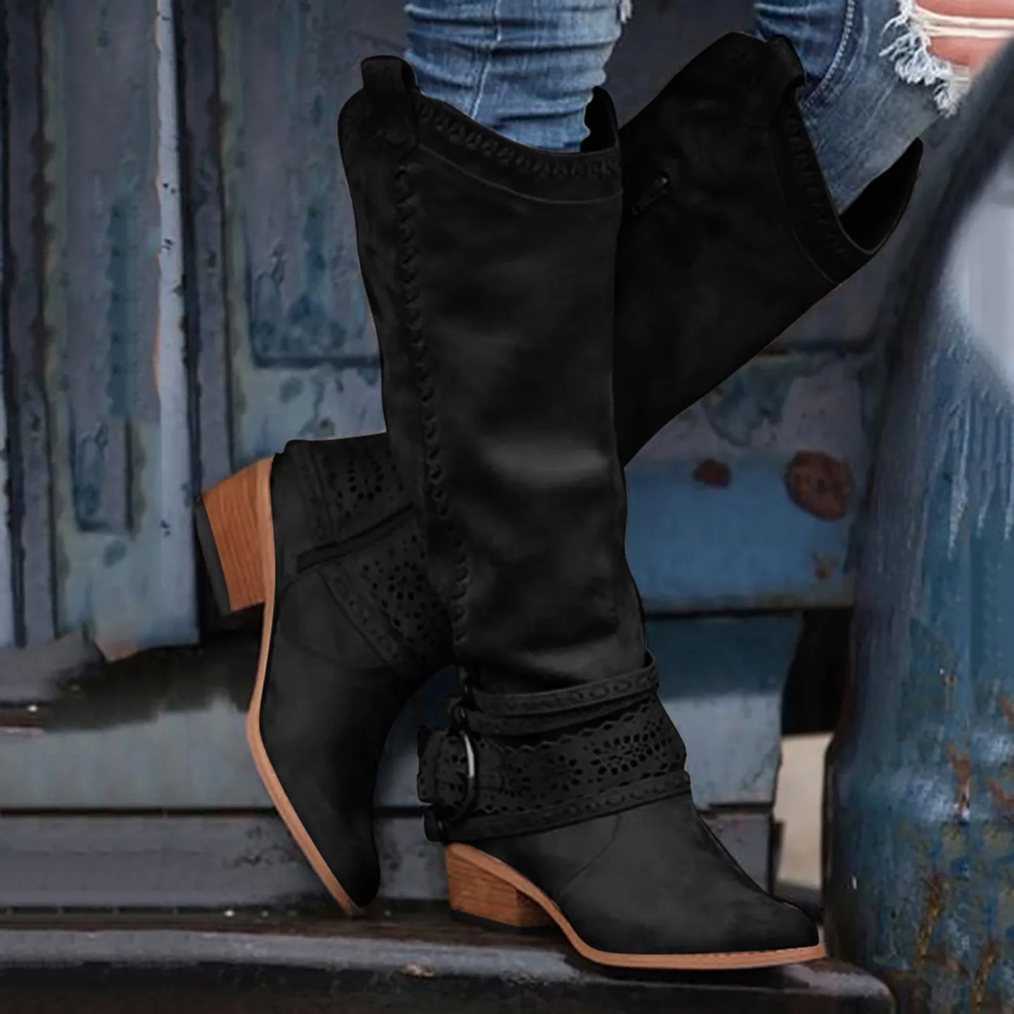 New Western Cowboy Boots Buckle Ladies Low Heel Knee High Boots Retro Hollow Out Shoes Winter Female Shoes