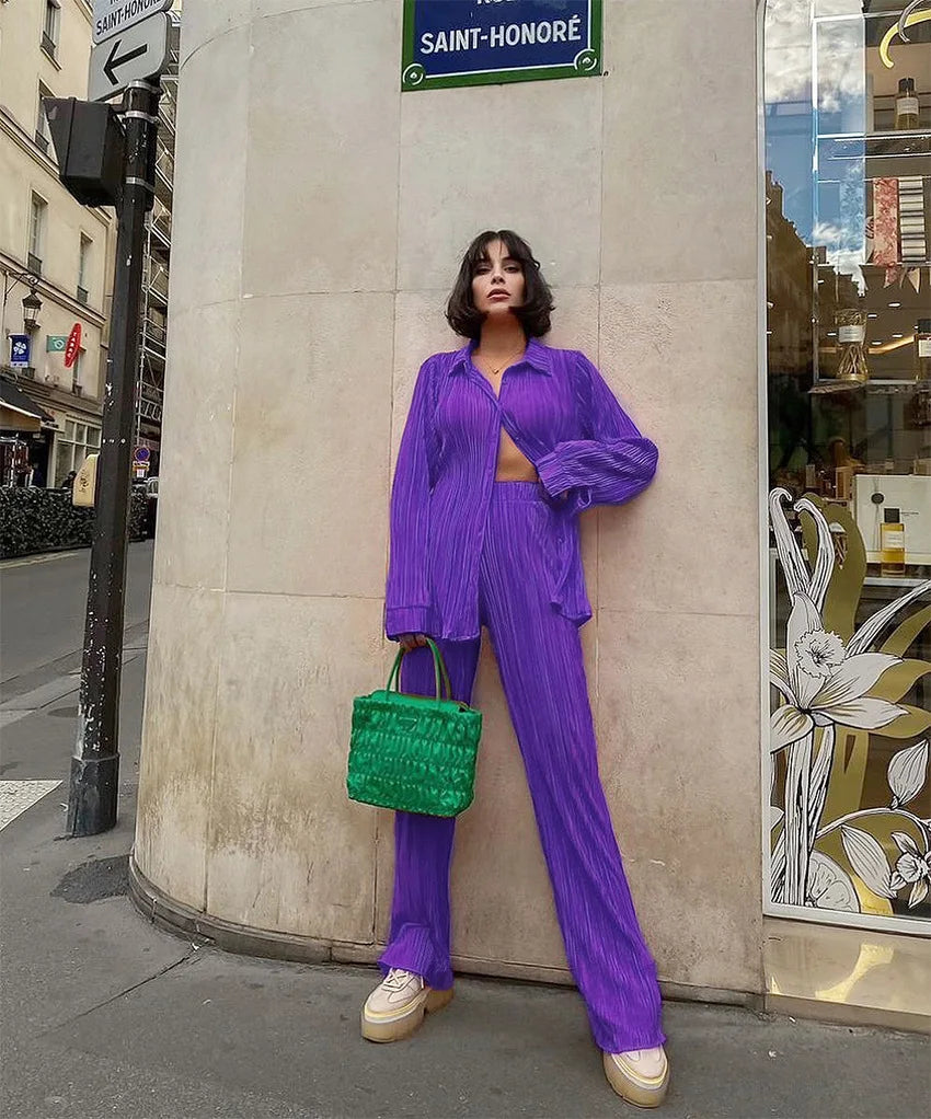 New Spring And Autumn Suit Women's Pleated Lapel Shirt Loose Casual Suit Solid Color Drape Pleated Casual Suit