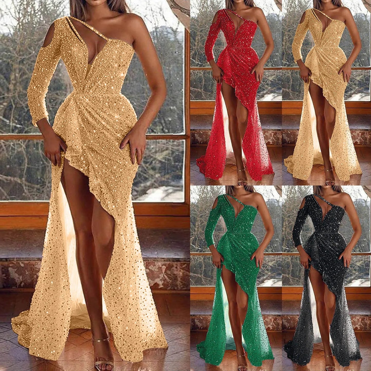 Elegant Open Back High Waist Slim Fit Gold Dress Women One Shoulder V-Neck Banquet Formal Dress Sexy And Floor Wrap Hip Skirt