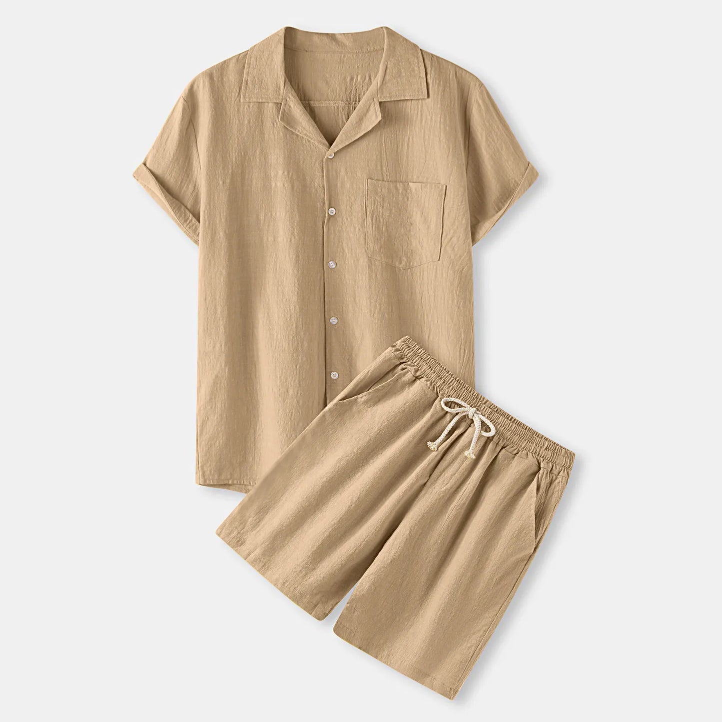 Men's Cotton Turn-down Collar Top Shorts Pant Suite Solid Color Casual Daily Fashion Loungewear Comfortable Men's Clothing