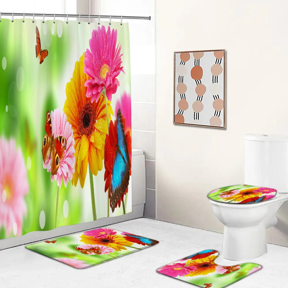 Butterfly Rose Flower Printed Waterproof Bathroom Shower Curtain Set Non-Slip Bath Mat Rug Sets Toilet Cover Bathroom Decor