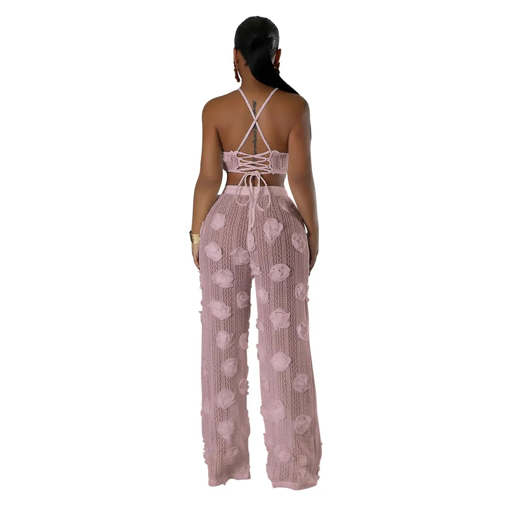Sexy Crop Mesh Tops Two Piece Pant Set Outfits Matching Sets 2024 Women Y2K Streetwear Elegant Flower 2 Piece Summer Set