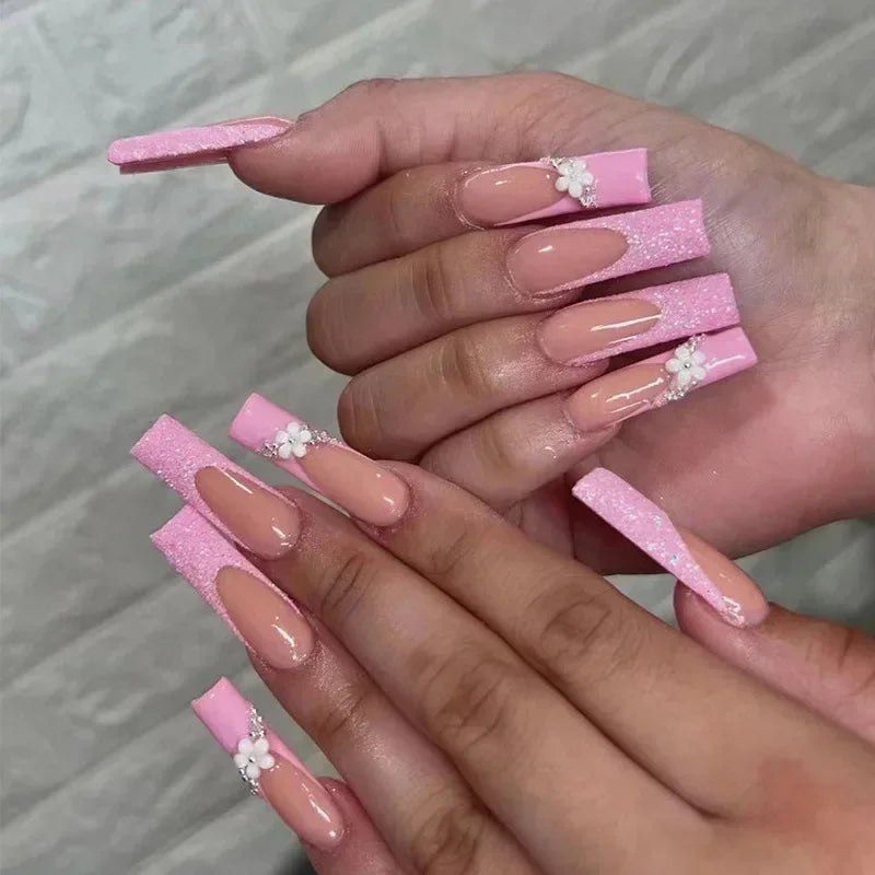 24Pcs Shimmery Long Coffin False Nails with Glue Ballerina Nail Design Sweet Fashion French Press on Acrylic Nails Manicure Tips