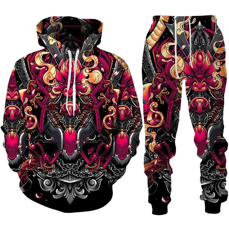 Tracksuit Sets Boys Hoodie Japan Samurai Mask Tattoo Art 3D Printed Casual Fashion Harajuku Streetwear Clothes For Boys Clothing