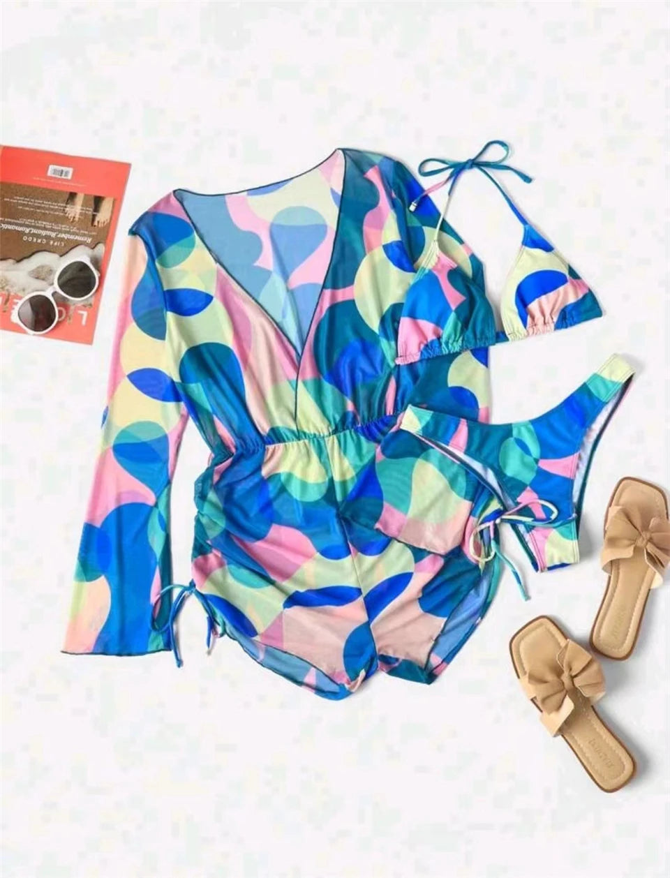 3 pieces Halter Bikini Tropical Print Swimsuit Drawstring Side Swimwear Women Long Sleeve Bathing Suit Female Swimming Beachwear
