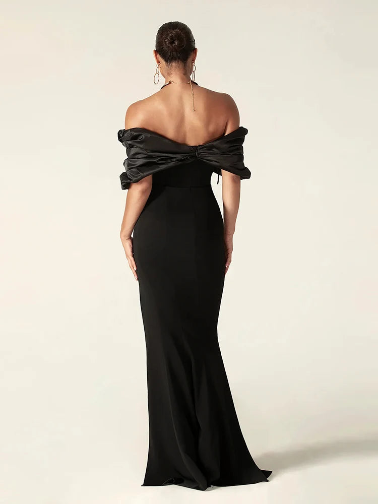 Satin Ruffle Shoulder High Slit Long Dress, Off the Shoulder, Maxi Dress Elegant Evening Gown